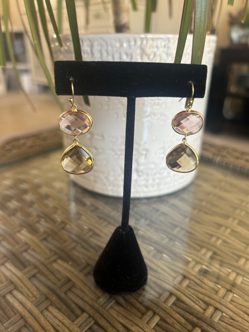 Gold Drop Earrings with Pink and Champagne Faceted Stones